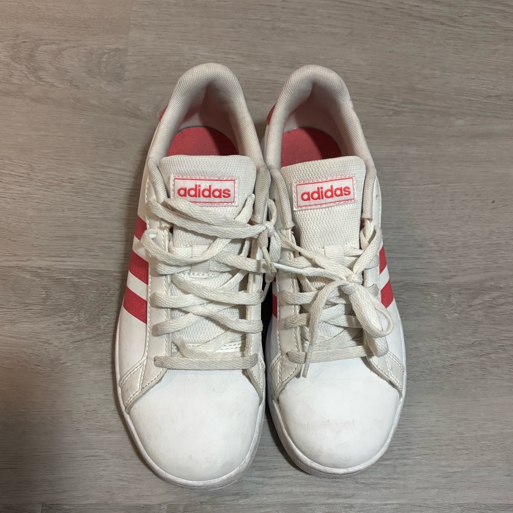 Adidas Court K White Sneakers with Pink Glitter Stripes Kids Size 4.5